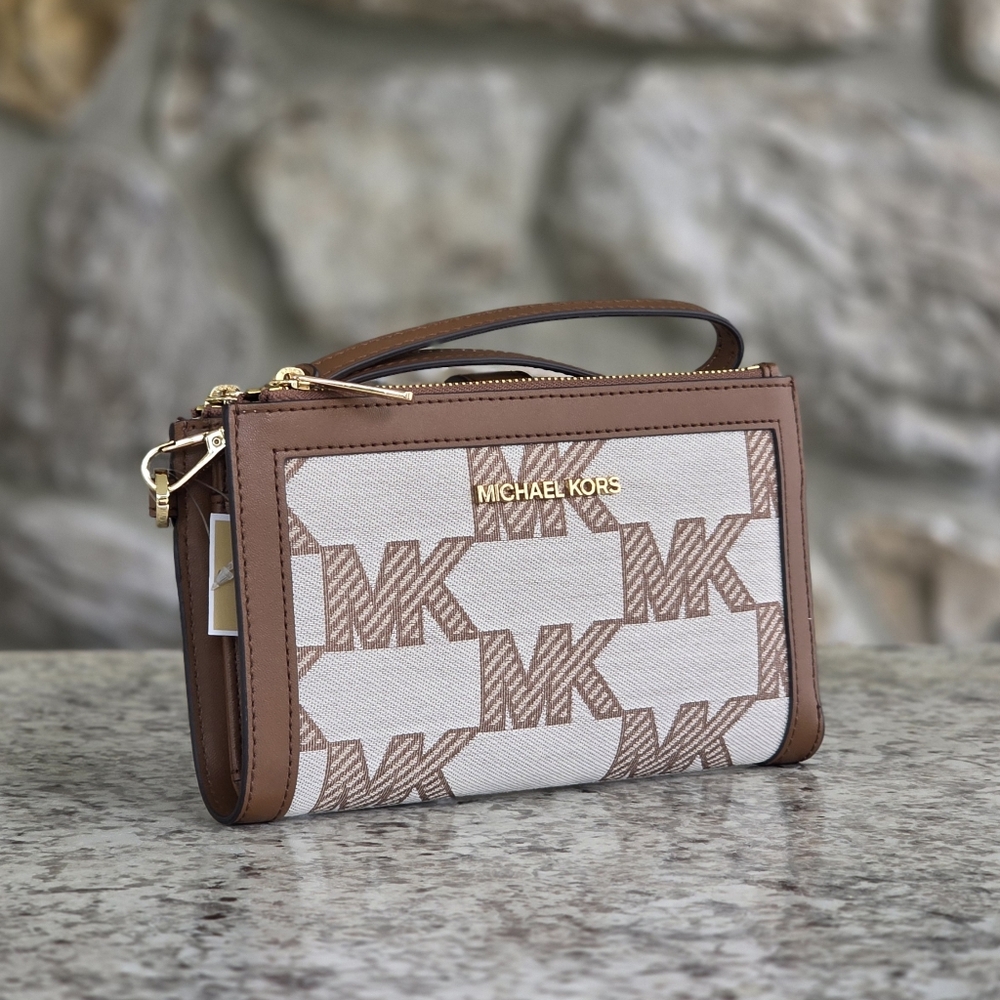 Michael Kors Jet Set Logo Double Zip Brown Wristlet